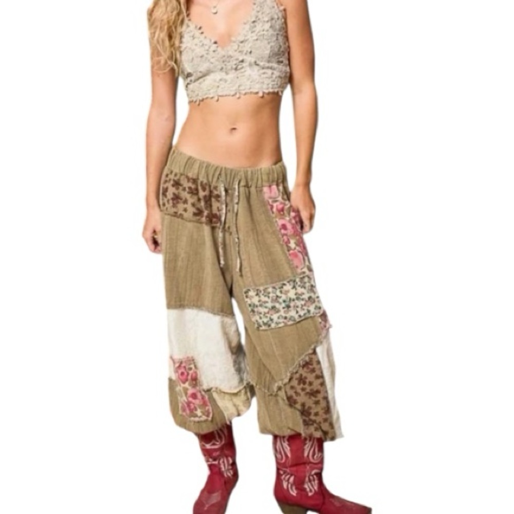 POL Patchwork Boho Hippie Pants Linen Blend Lounge Bohemian Festival Size M NWT